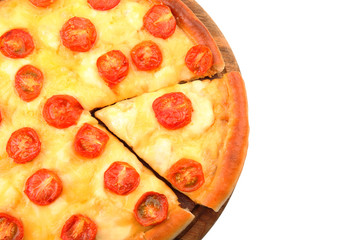 Pizza Margherita and removed slice, isolated on white