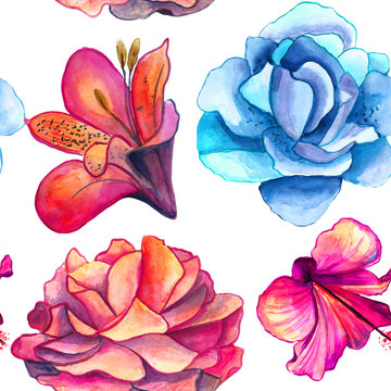 watercolor Hibiscus, rose and lilac flowers  seamless pattern