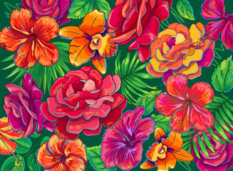  bright floral jungle background - obrazy, fototapety, plakaty
