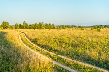 Vanishing dirty road through meadow at sunset with bright Sun. Bulatovo, Kaluzhsky region, Russia.
