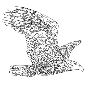 Zentangle stylized flying eagle. Hand Drawn doodle vector illustration isolated on white background. Sketch for tattoo or indian  design