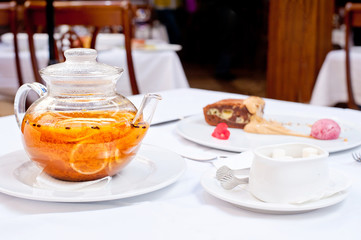 Walnut Brownies under Ice Cream with Sea-Buckthorn and Orange Tea