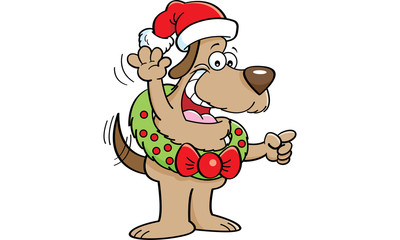 Cartoon illustration of a dog wearing a Christmas wreath and a santa hat.