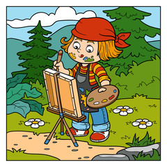 Plakat Vector color illustration (Girl artist draws on nature, open air