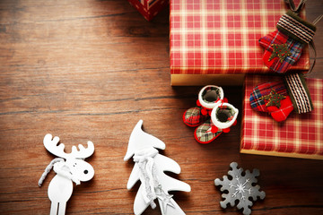 Christmas decor on wooden background
