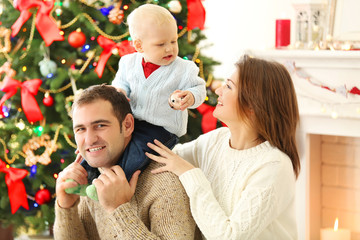 Christmas family portrait in home holiday living room