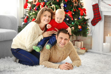 Christmas family portrait in home holiday living room