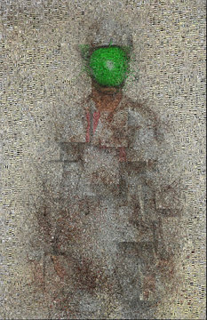 Abstract Man with apple obscuring head composed entirely of text