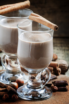 Hot cocoa with cinnamon, chocolate and nuts, selective focus