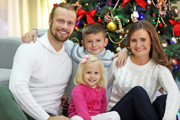 Christmas family portrait in home holiday living room