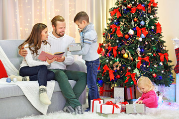 Christmas family portrait in home holiday living room