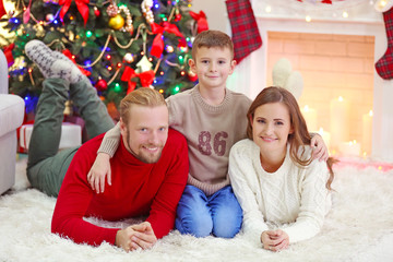 Christmas family portrait in home holiday living room