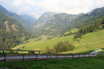 Panorama with alpine village Hinterbichl (muncipal Prägraten am Großvenediger) and mountains, Austria