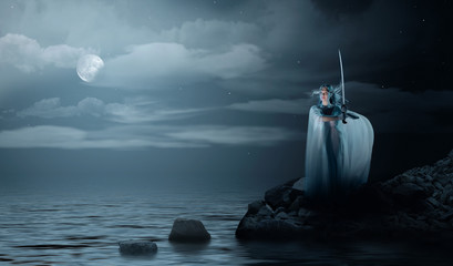 Elven girl with sword on sea coast