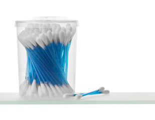 Cotton swabs on shelf close up, isolated