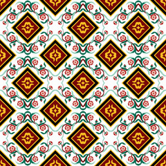 Seamless background image of vintage flower vine square kaleidoscope pattern.

