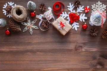 Christmas and New year background with presents, ribbons, balls and place for your text.