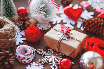 Christmas and New year background with presents, ribbons, balls.