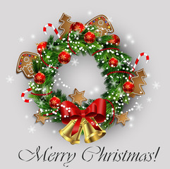 White card with Christmas wreath and bow