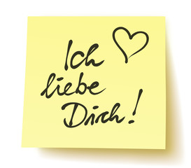 Gelber Postit-Zettel: „Ich liebe Dich“ mit handgezeichnetem Herz / handschriftlich / persönlich / schwarz / Vektor / freigestellt