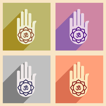 Modern Flat Icons Collection With Long Shadow Hand Sign Of Om