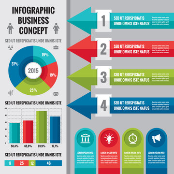 Business infographic concept layout in flat design style for presentation, booklet, website and other design projects. Vector infographic template. Set of infographics elements.