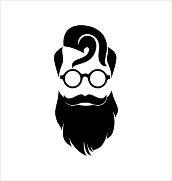 Hipster Black on White Background, Curl Hairstyle and Beard