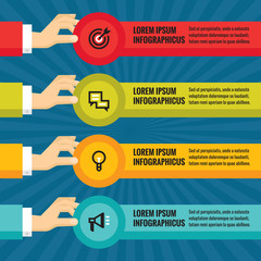 Fototapeta premium Human hands with information blocks - infographic business concept - vector concept illustration in flat style design for creative projects. Infographic design elements.