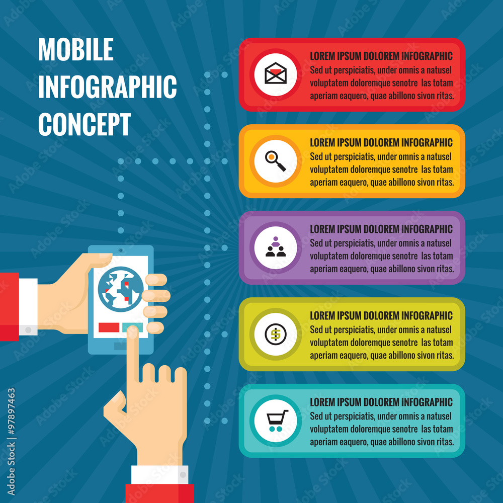 Aufkleber human hands with mobile phone with touch screen and application blocks - concept illustration in fla