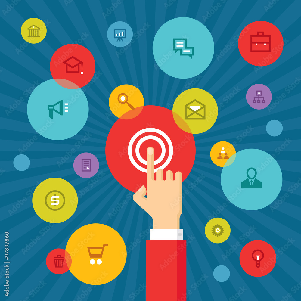 Poster touch screen finger - creative vector illustration in flat style design. finger to touch screen. hum