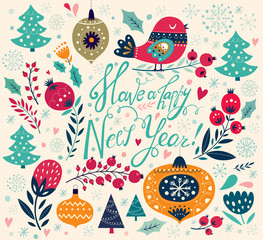 Decorative vector illustration with bird and new year elements