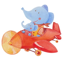 Meubelstickers Olifant in een vliegtuig twee olifanten in het rode vliegtuig