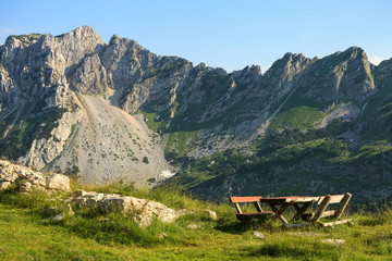Perfect place for breakfast in mountains, national park Durmitor, Montenegro