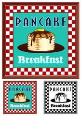 Menu illustration of pancakes with syrup and butter 