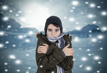 child with clothes in snowy landscape