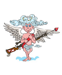 Funny little cupid aiming at someone. Illustration of a Valentine Day. Vector. 