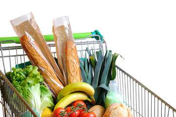 Shopping cart full of food isolated white