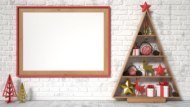 Mock up blank picture frame, Christmas decoration and gifts. 3D render illustration