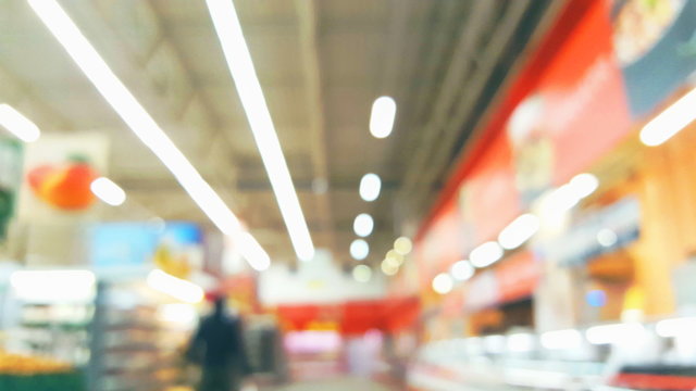 Supermarket store motion people, blur background with bokeh