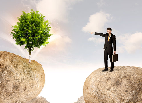 Businessman on rock mountain with a tree