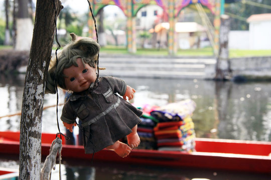 Old Spooky Doll hanging in a tree in Mexico City [Isla de las Munecas /Island of the Dolls]