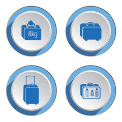 Airport baggage icon set.  Hand luggage for traveling. Info symbol. Blue icons on white-blue 3d button with shadow. Vector isolated