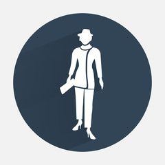 Businesswoman icon. Office worker symbol. Standing elegant women in trousers suit. Round dark gray circle flat icon with long shadow. Vector isolated