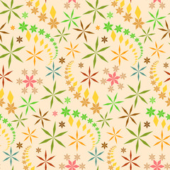 Seamless christmas pattern. Snowflakes, crystals on soft yellow, gold background. Colored star silhouettes. Winter theme baby texture. Vector illustration