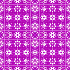 Christmas seamless pattern of heart view snowflakes. New Year, Valentine day, birthday texture. Unusual ornament. Magenta, white colored background. Vector