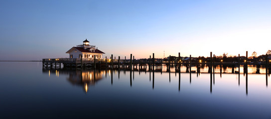 Roanoke Marshes Lighthouse Manteo NC Outer Banks North Carolina dock in Albemarle Sound