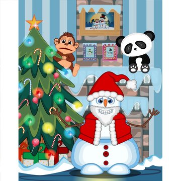 Snowman Wearing A Santa Claus Costume Waving His Hand with christmas tree and fire place Illustration