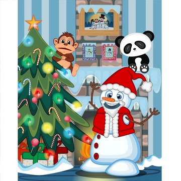 Snowman Wearing A Santa Claus Costume with christmas tree and fire place Illustration