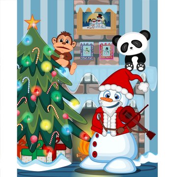 Snowman With Santa Claus Costume Playing The Violin with christmas tree and fire place Illustration