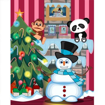 Snowman Wearing A Hat And Blue Scarf Waving His Hand with christmas tree and fire place Illustration